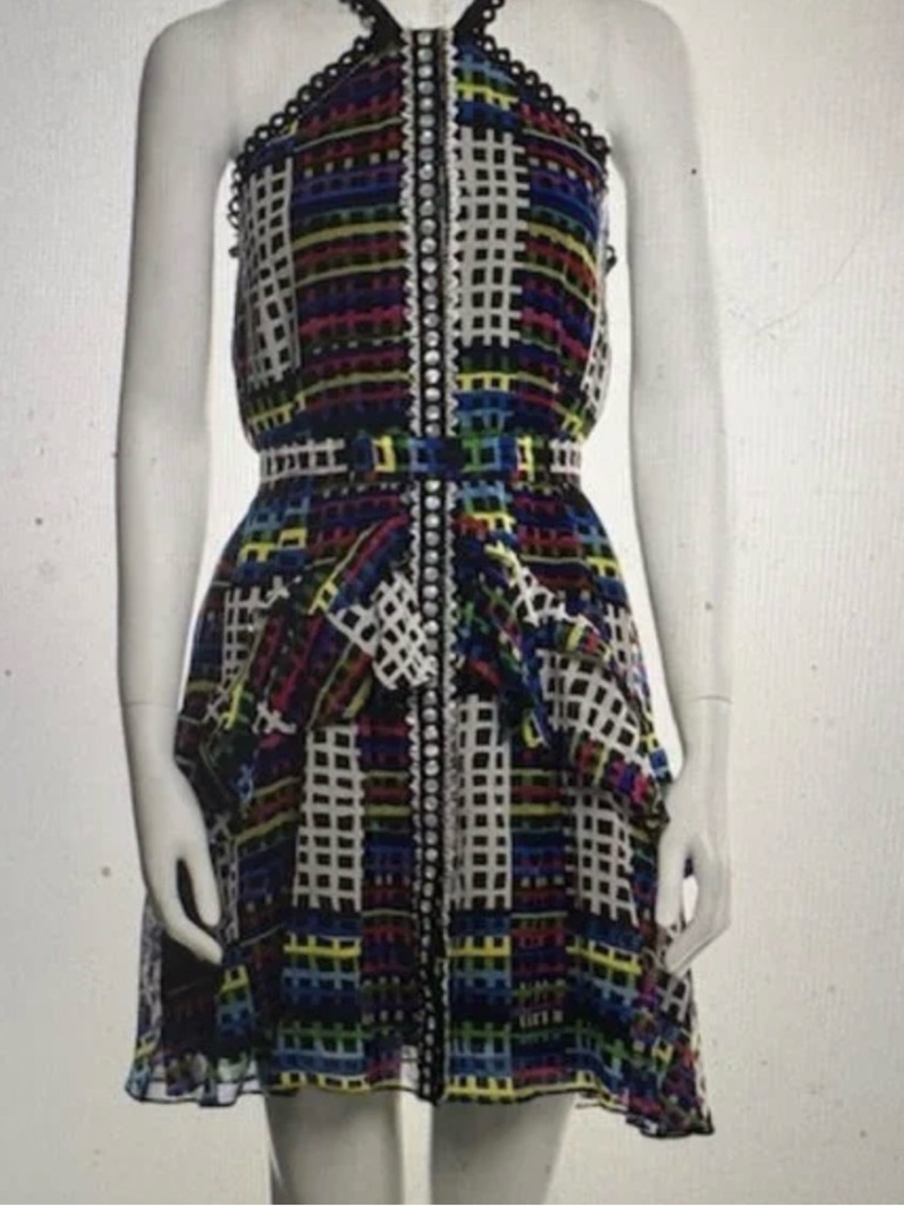 saloni dress sz 8 button up multicolor strappy sleeve silk bow in the back A26
